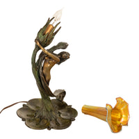 Antique Art Nouveau Austrian Bronze Figural Lamp Loetz Glass Gustav Gurschner, 1905