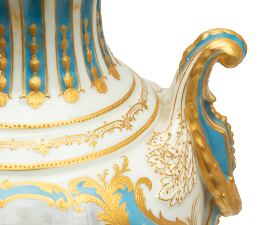 Pair Antique French Sevres Handpainted Gilded Ormolu Porcelain Urns signed 1890