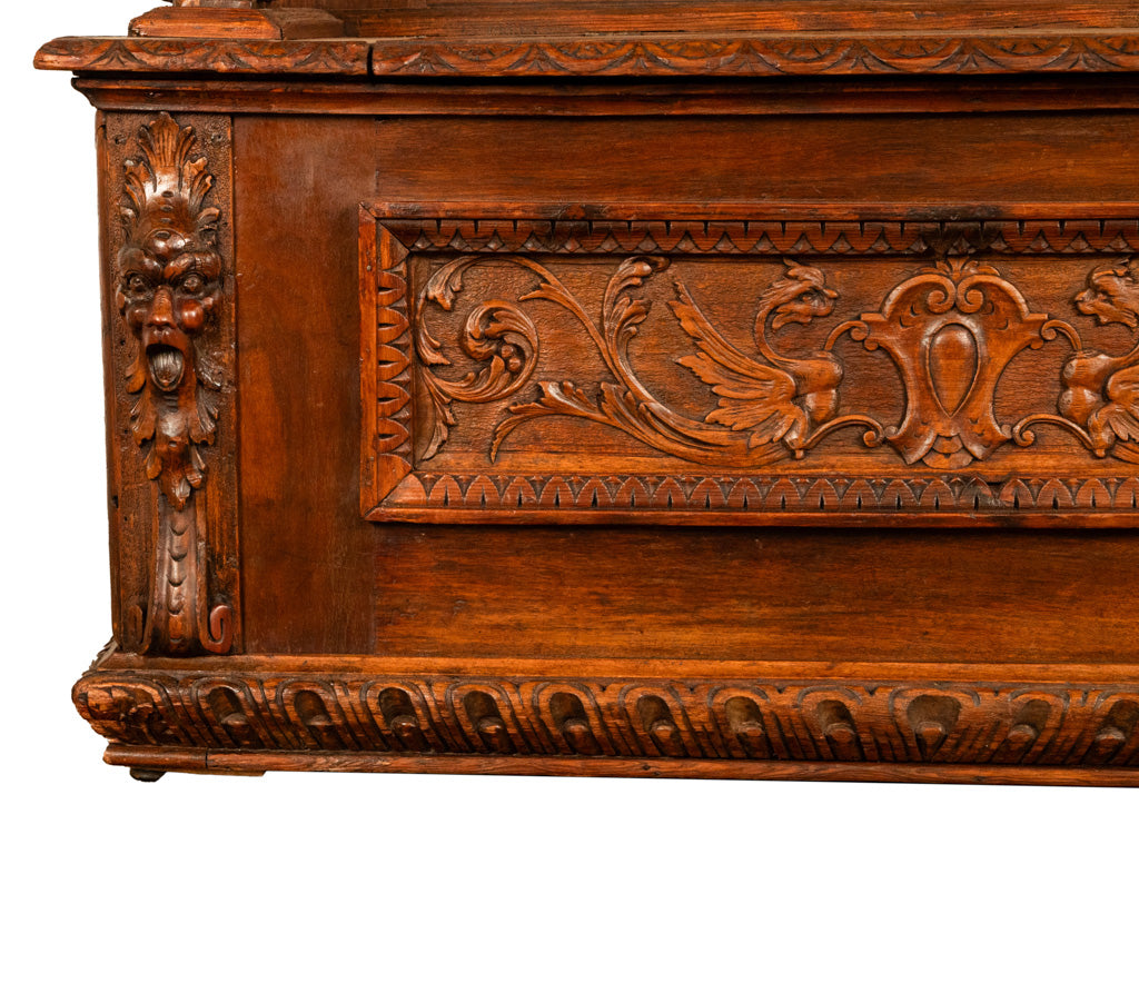 Antique 19th Century Italian Renaissance Revival Carved Walnut Bench Settle 1880