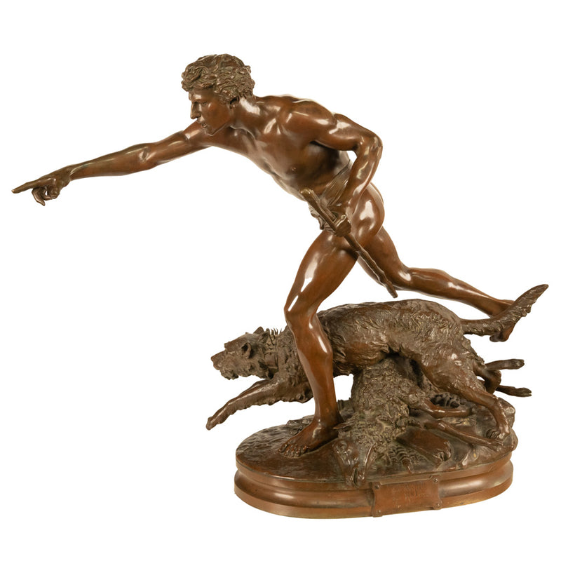 Monumental French Figurative Bronze Statue 'Au Loup' Shepherd Dog Sheep Hunting by Louis-Auguste Hiolin, 1874