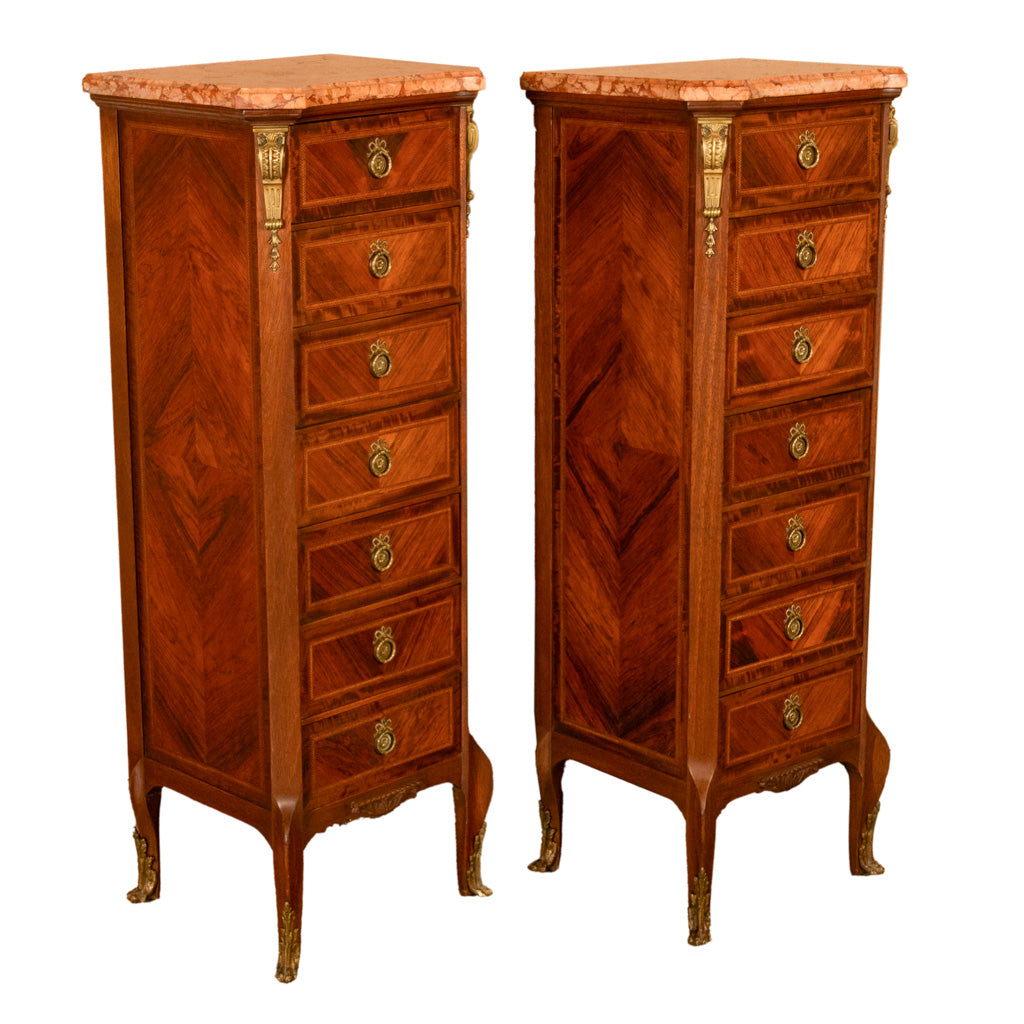 Pair Antique French Semainier Ormolu Inlaid Lingerie Marble Chests Dressers 1900