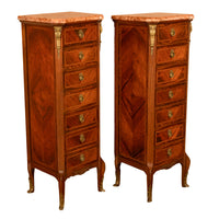 Pair Antique French Semainier Ormolu Inlaid Lingerie Marble Chests Dressers 1900