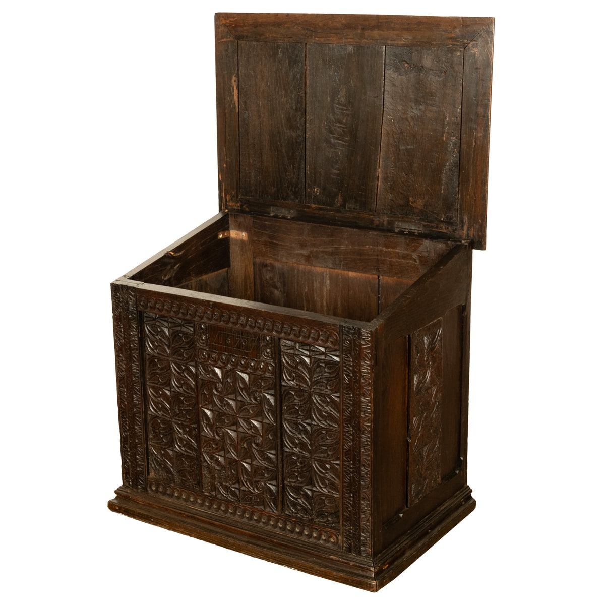 Antique French Medieval Gothic Carved Oak Chest Coffer 17th Century Panels 1679