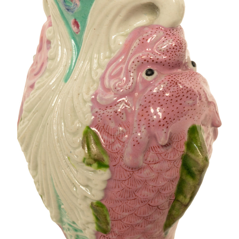 Pair Antique Chinese Qing Dynasty Wucai Glaze Porcelain Double Dragon Fish Vases, 1890