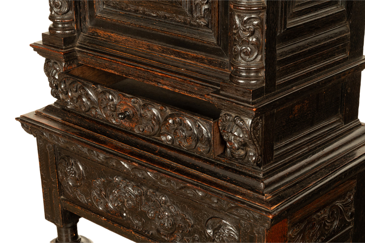 Antique 17th Century Dutch Carved Ebonized Oak Credence Cabinet on Stand 1680