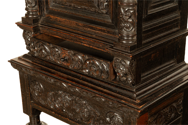 Antique 17th Century Dutch Carved Ebonized Oak Credence Cabinet on Stand 1680
