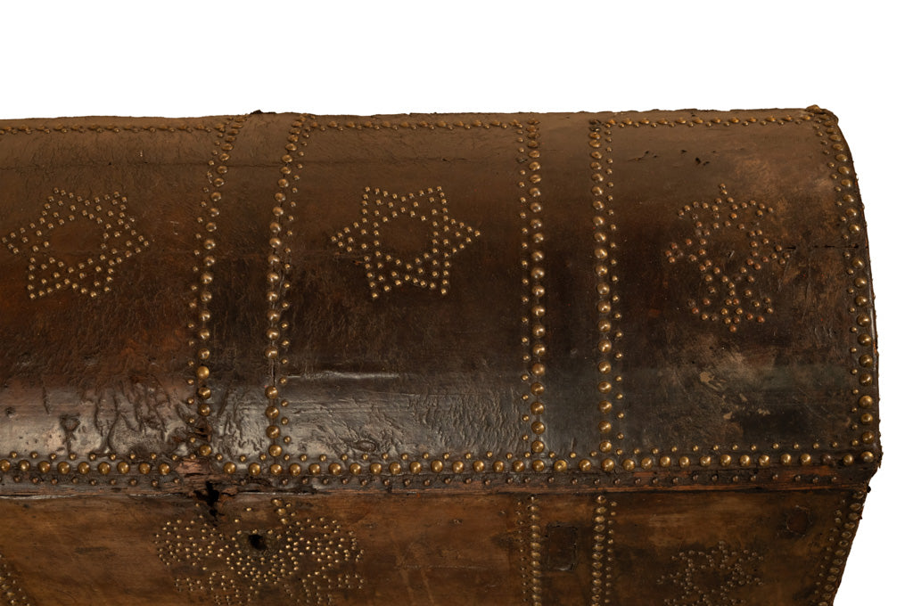 Antique 17th Century Italian Leather and Pine & Brass Stud Work Carriage Chest Trunk 1680