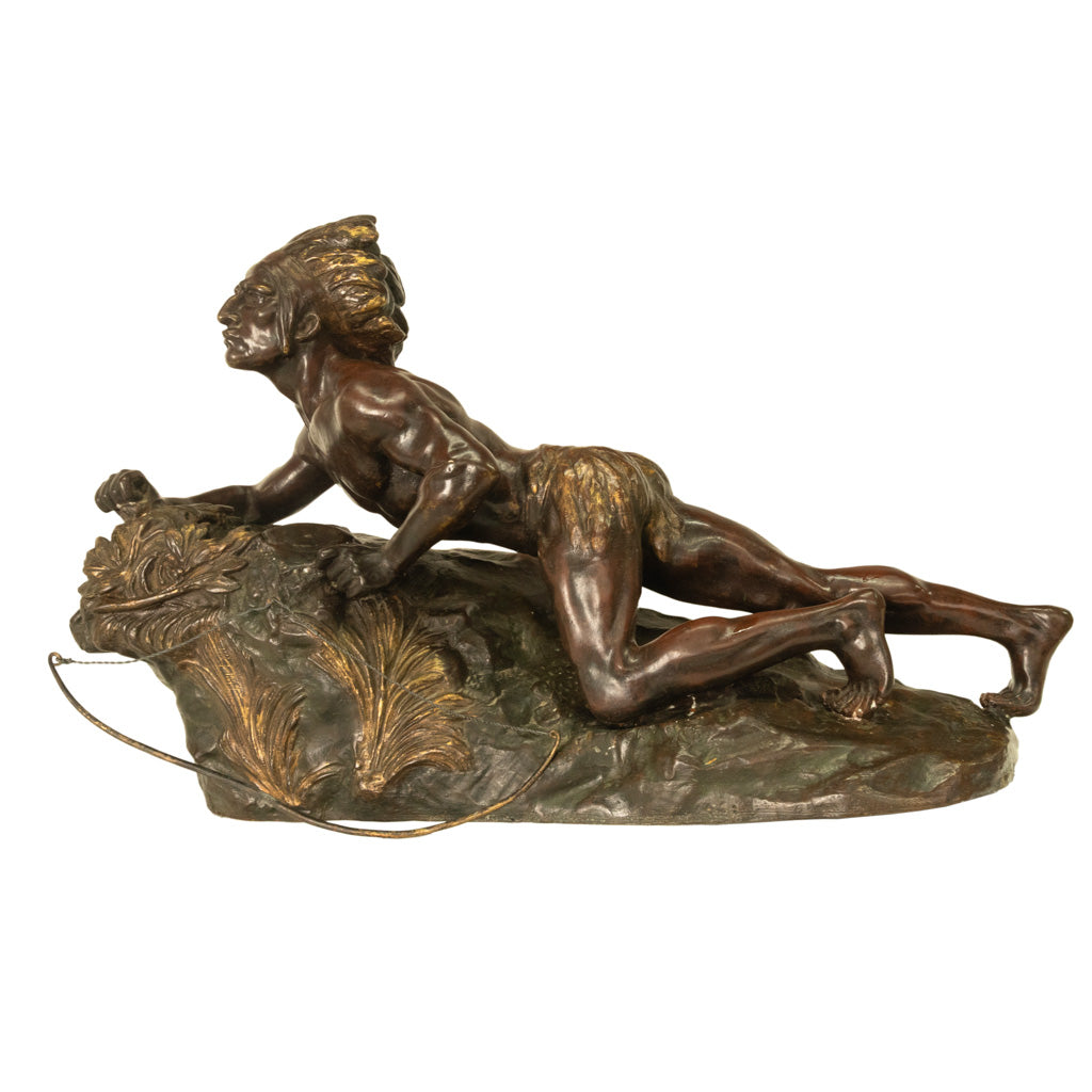 Antique French Art Deco Bronze Sculpture Native American Indian Hunter Scout by René-André Varnier, Circa 1920