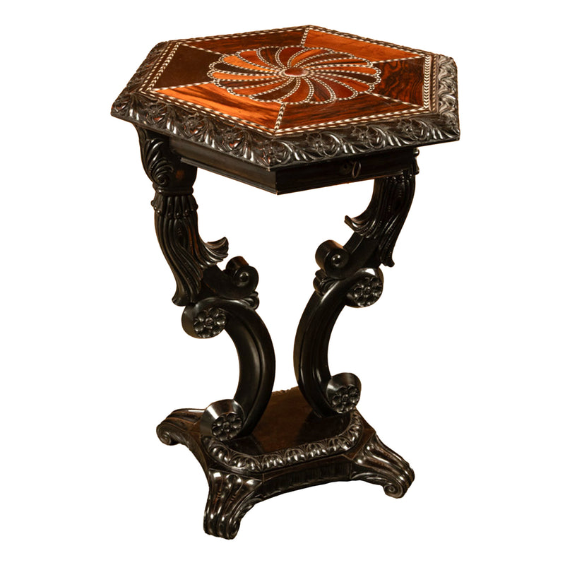 Antique Ceylonese Carved Rosewood Ebony Ivory Silver Specimen Inlaid Table 1850