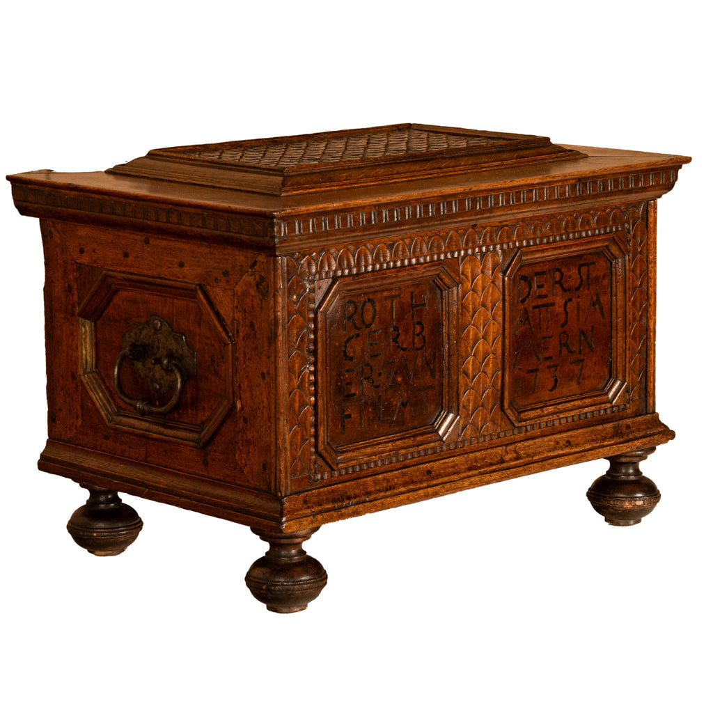 Antique Carved Walnut & Iron Coffer Chest Strong Guild Box Simmern Germany 1737