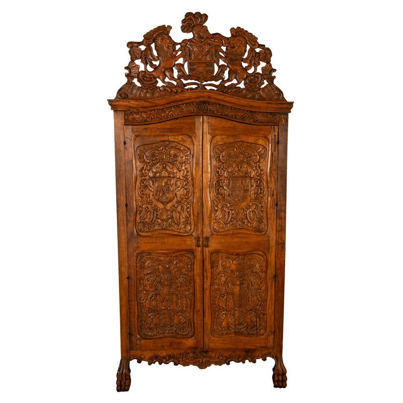 Antique 18th Century Carved Walnut Corner Cabinet Spainish Royal Coat of Arms