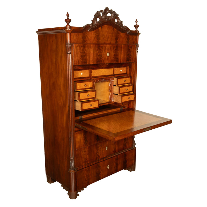 Antique Austrian Mahogany Maple Inlaid Biedermeier Secretary Chest Cabinet 1850