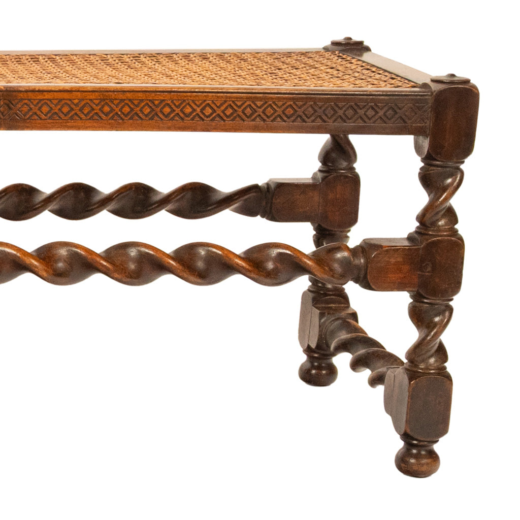Antique English Jacobean Carved Walnut Barley Twist Caned Long Bench Seat 1880