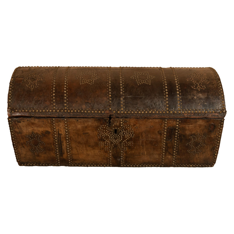 Antique 17th Century Italian Leather and Pine & Brass Stud Work Carriage Chest Trunk 1680