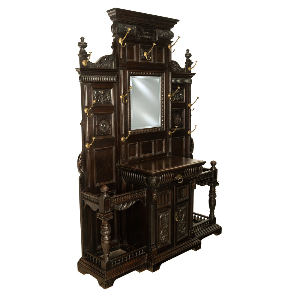 Antique Monumental Renaissance Revival Carved Oak Hall Tree Stand Mirror 1890