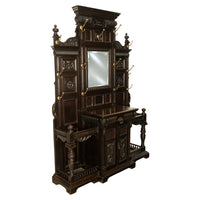 Antique Monumental Renaissance Revival Carved Oak Hall Tree Stand Mirror 1890