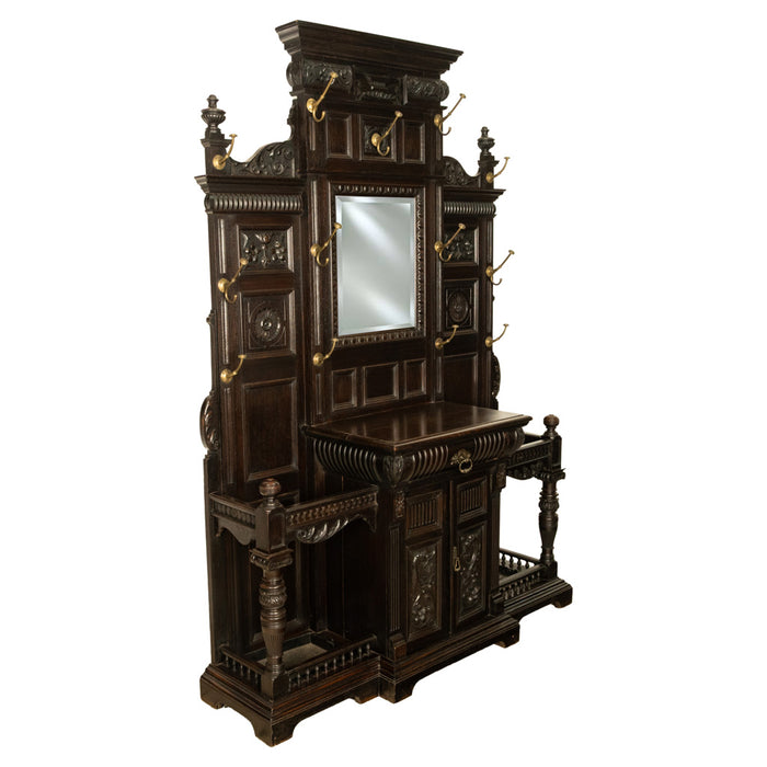 Antique Monumental Renaissance Revival Carved Oak Hall Tree Stand Mirror 1890