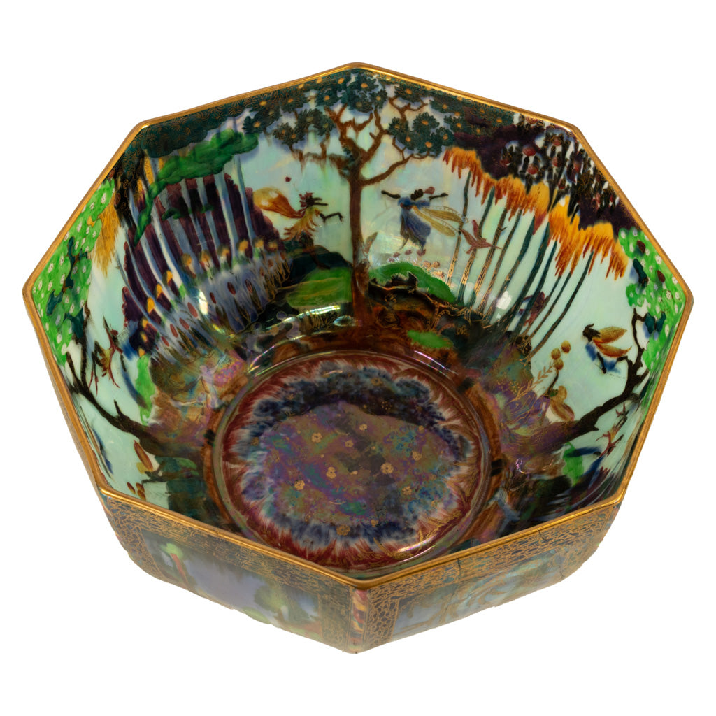 Large Wedgwood Fairyland Lustre Potrcelain Bowl Elves Boxing Match & Castle on a Road 1920