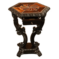 Antique Ceylonese Carved Rosewood Ebony Ivory Silver Specimen Inlaid Table 1850