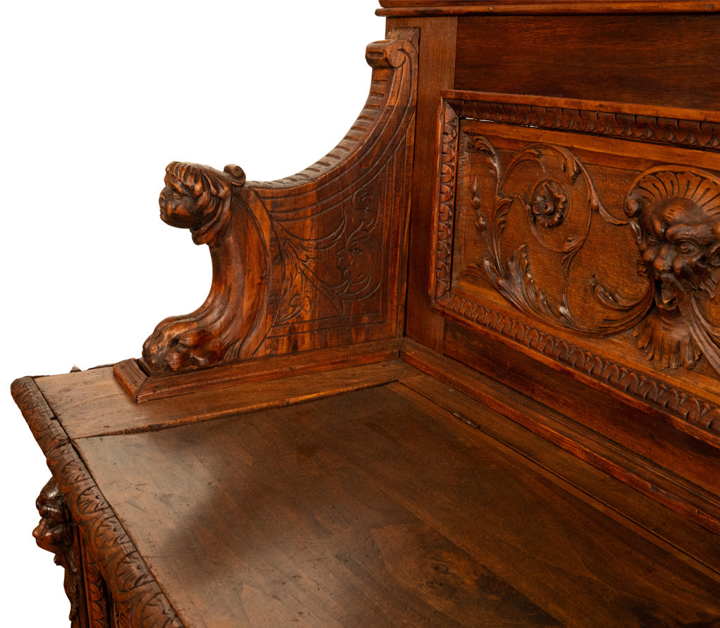 Antique 19th Century Italian Renaissance Revival Carved Walnut Bench Settle 1880