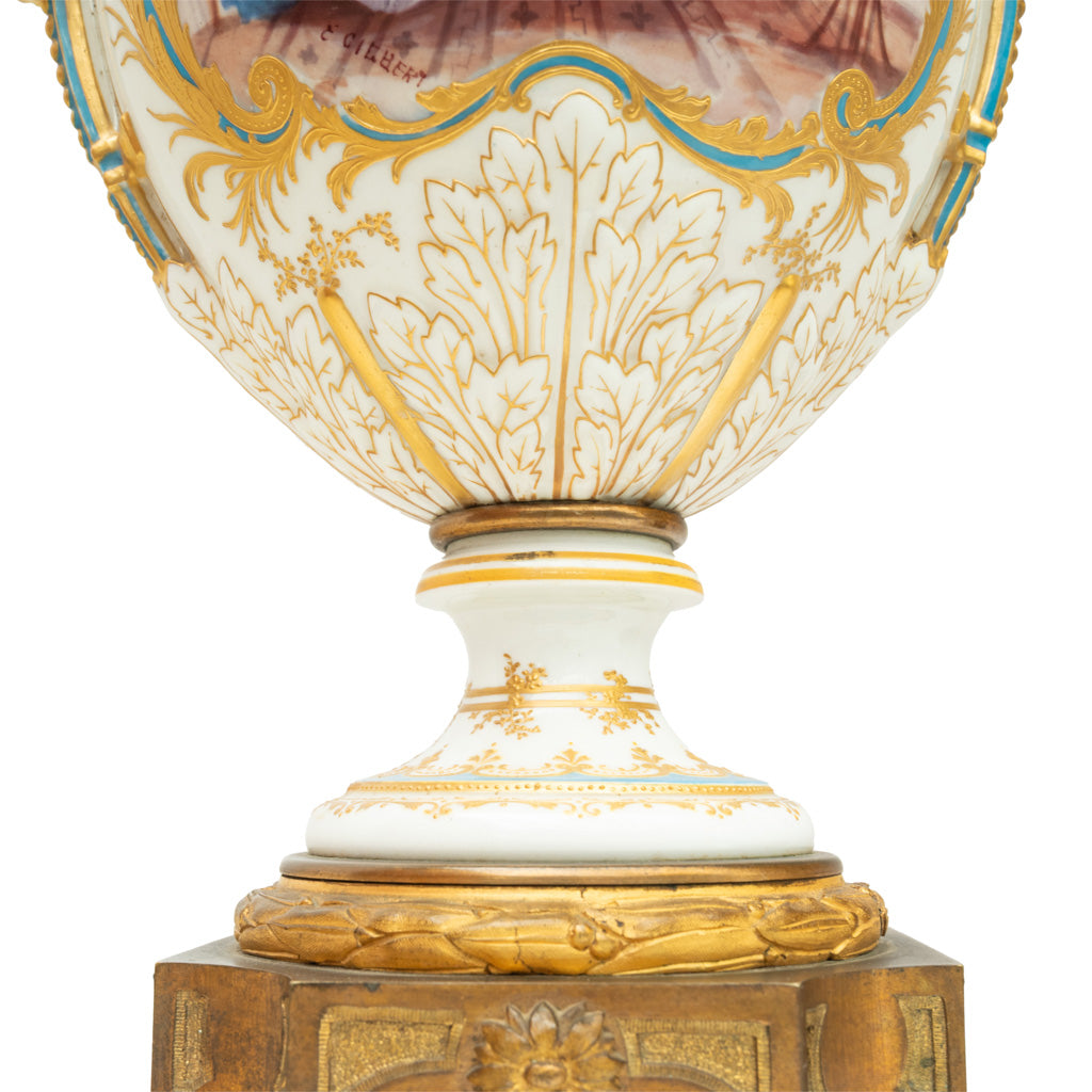 Pair Antique French Sevres Handpainted Gilded Ormolu Porcelain Urns signed 1890