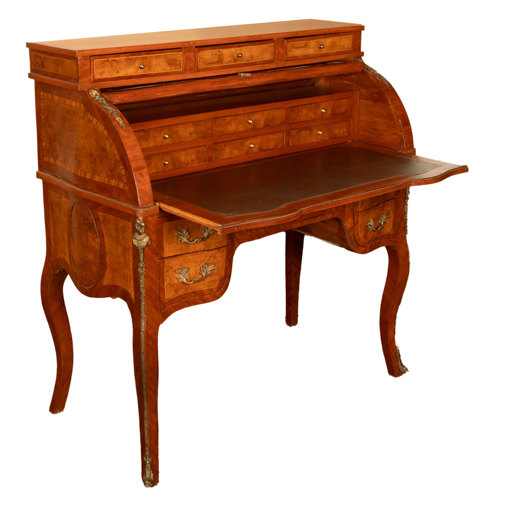 Antique French Louis XV Cylinder Marquetry & Ormolu Bureau Writing Desk 1880