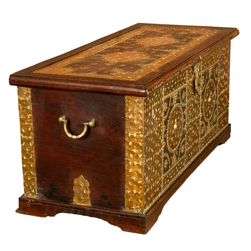 Antique 19thC Zanzibar Omani Teak & Brass Stud & Copper Clad Dowry Chest 1850