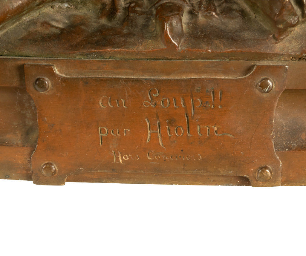 Monumental French Figurative Bronze Statue 'Au Loup' Shepherd Dog Sheep Hunting by Louis-Auguste Hiolin, 1874