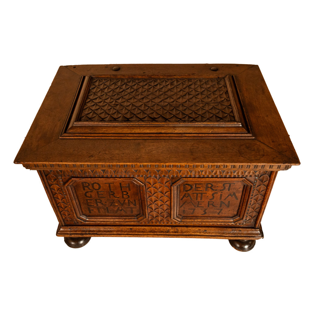 Antique Carved Walnut & Iron Coffer Chest Strong Guild Box Simmern Germany 1737