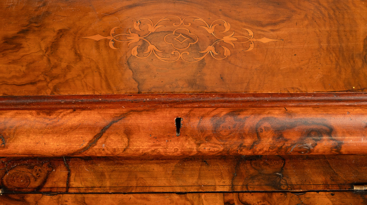 Fine Antique Burl Walnut Inlaid Marquetry Carved Davenport Secretary Desk 1860