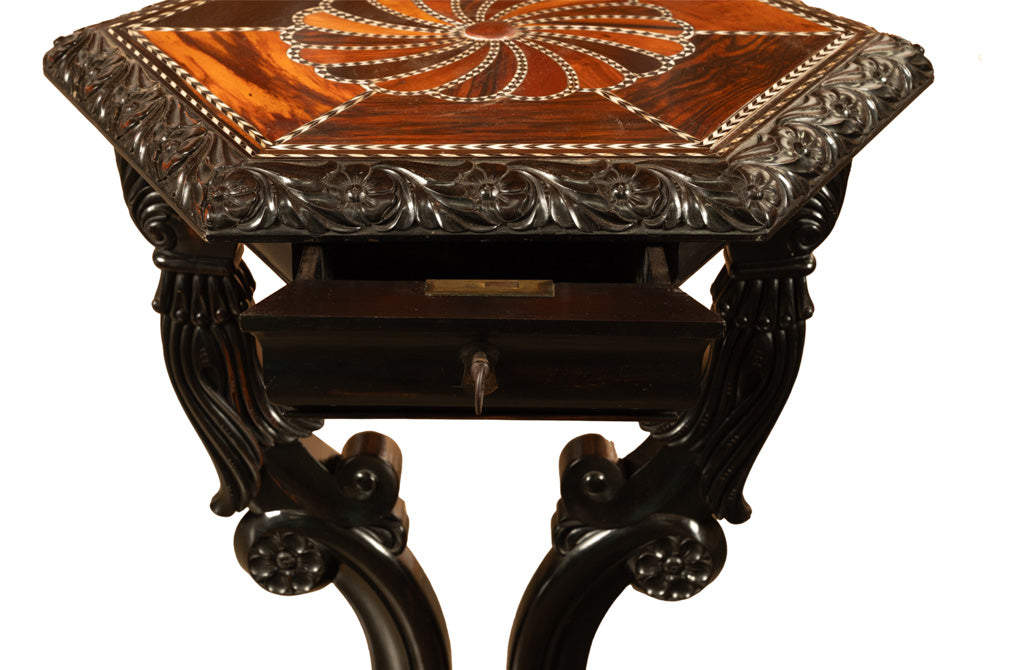 Antique Ceylonese Carved Rosewood Ebony Ivory Silver Specimen Inlaid Table 1850