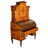 Antique Austrian Baroque Biedermeier Marquetry Roll Top Tabernacle Cabinet Desk Circa 1820