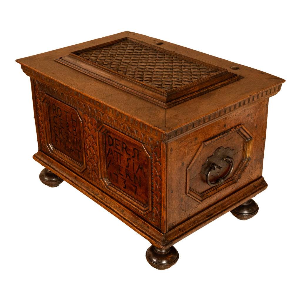Antique Carved Walnut & Iron Coffer Chest Strong Guild Box Simmern Germany 1737