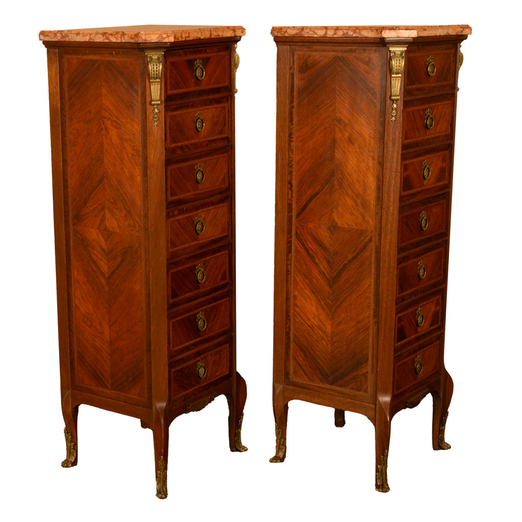 Pair Antique French Semainier Ormolu Inlaid Lingerie Marble Chests Dressers 1900
