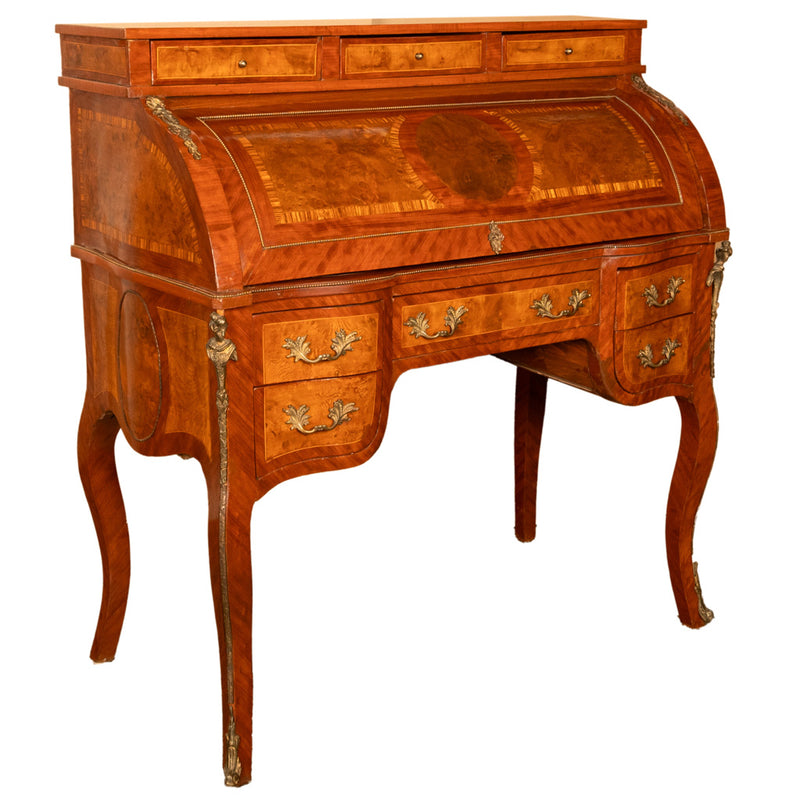 Antique French Louis XV Cylinder Marquetry & Ormolu Bureau Writing Desk 1880