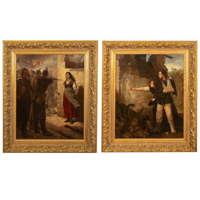 Pair French Franco-Prussian Historical Military War Propaganda Oil Paintings by Charles Louis Muller, 1870