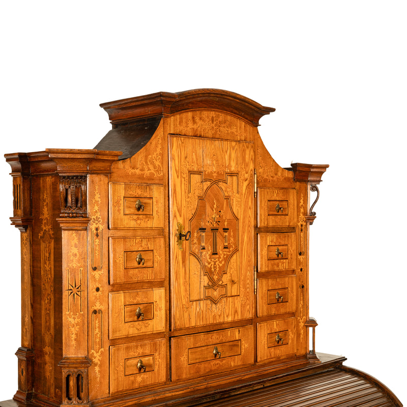 Antique Austrian Baroque Biedermeier Marquetry Roll Top Tabernacle Cabinet Desk Circa 1820