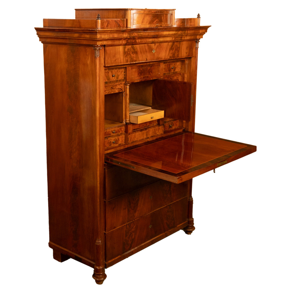 Antique Austrian Flame Mahogany Inlaid Rosewood Biedermeier Secretary Chest 1820