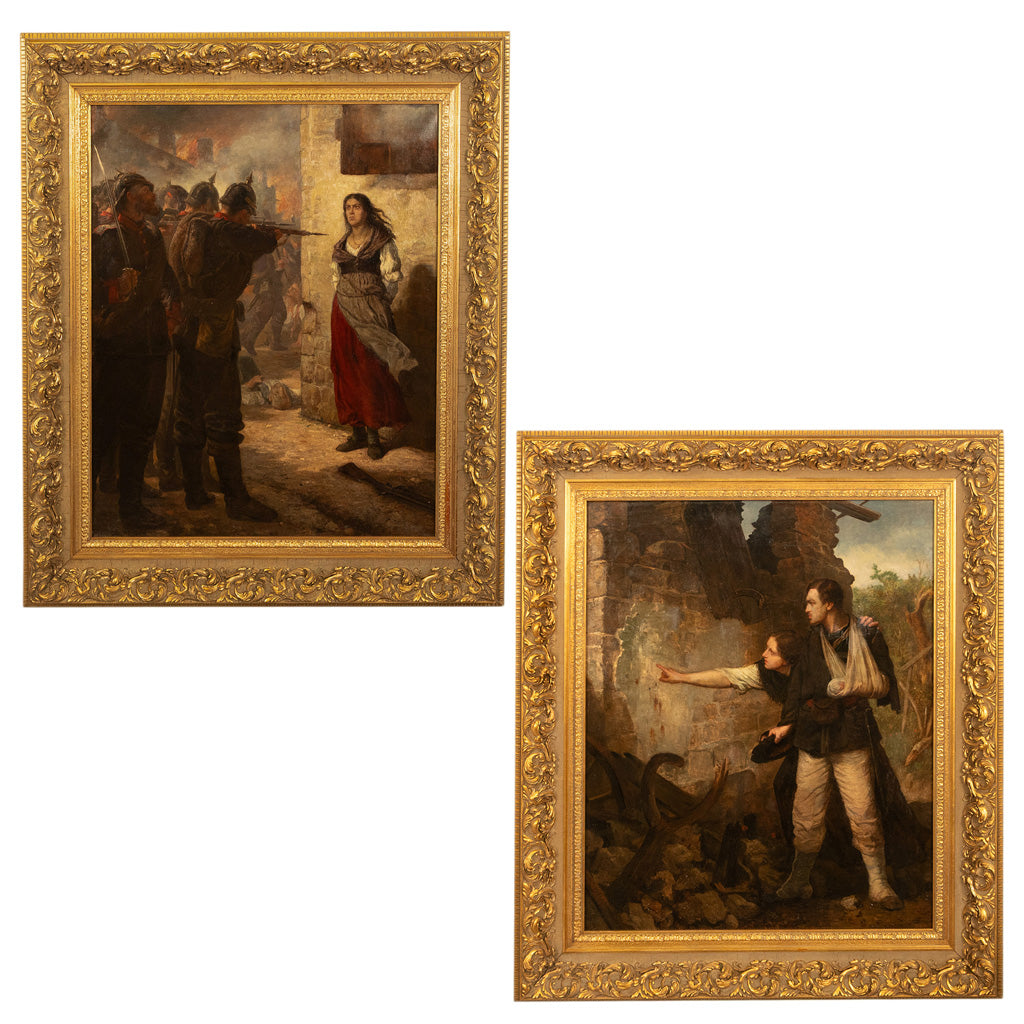 Pair French Franco-Prussian Historical Military War Propaganda Oil Paintings by Charles Louis Muller, 1870