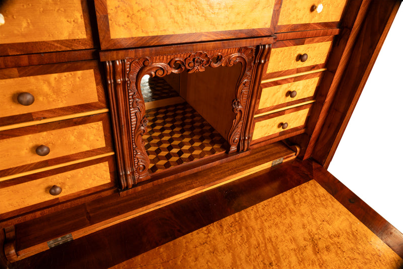 Antique Austrian Mahogany Maple Inlaid Biedermeier Secretary Chest Cabinet 1850