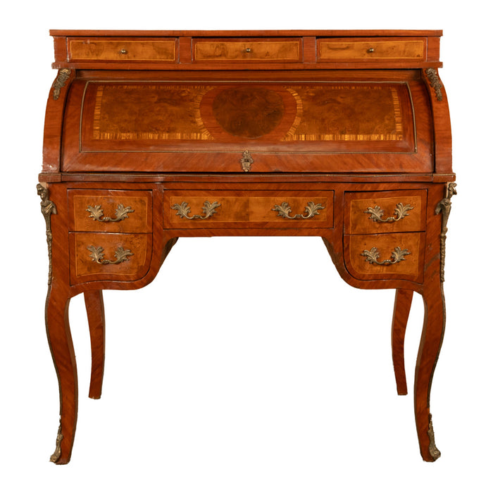 Antique French Louis XV Cylinder Marquetry & Ormolu Bureau Writing Desk 1880