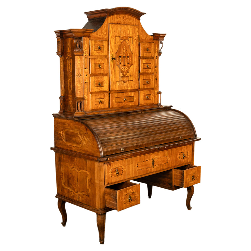 Antique Austrian Baroque Biedermeier Marquetry Roll Top Tabernacle Cabinet Desk Circa 1820