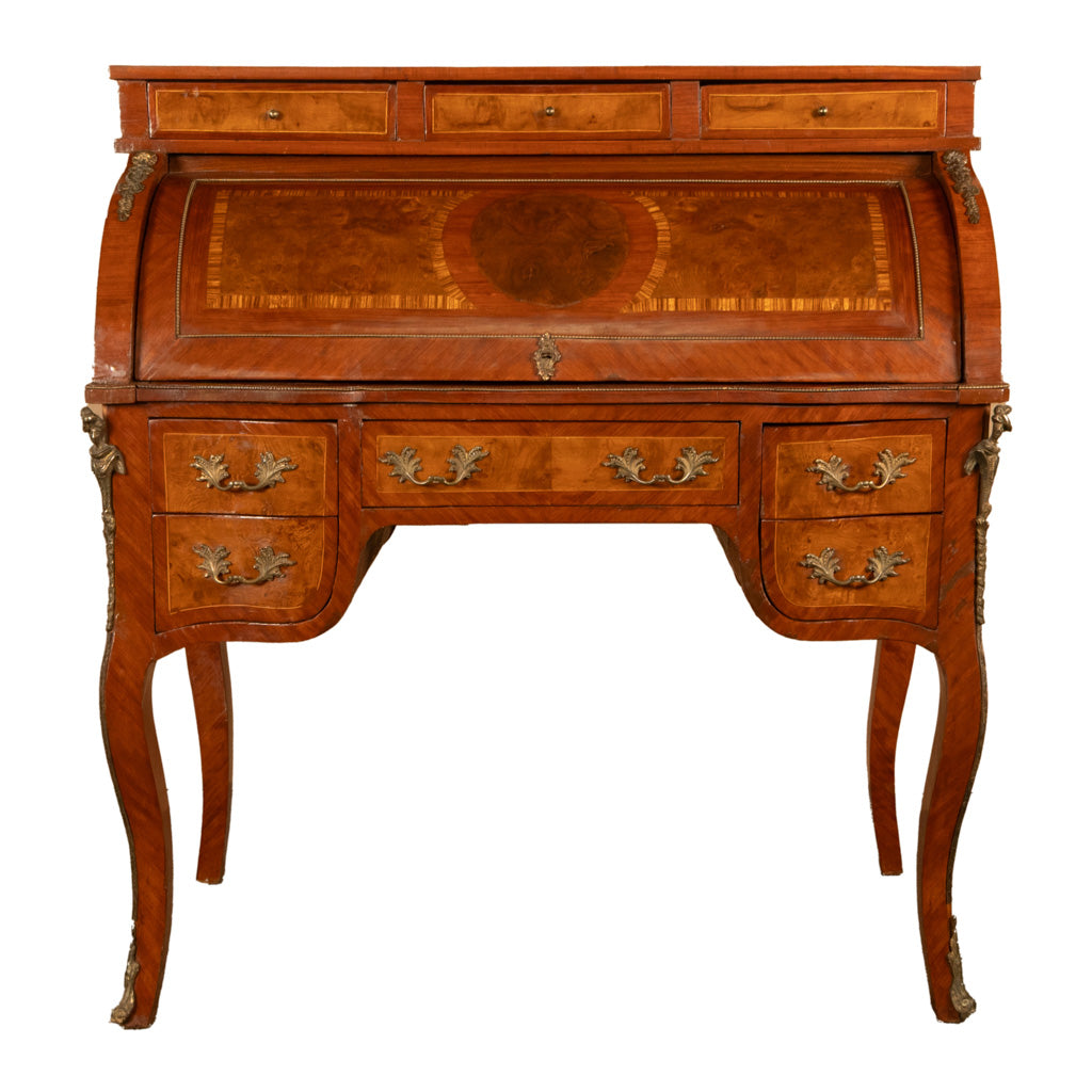 Antique French Louis XV Cylinder Marquetry & Ormolu Bureau Writing Desk 1880