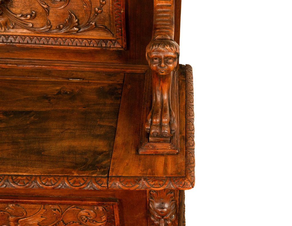 Antique 19th Century Italian Renaissance Revival Carved Walnut Bench Settle 1880