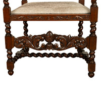 Antique French Louis XIII Carved Walnut Barley Twist Armchair Cane Cowhide 1880
