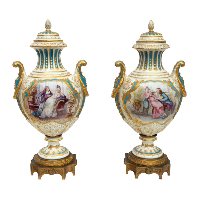 Pair Antique French Sevres Handpainted Gilded Ormolu Porcelain Urns signed 1890