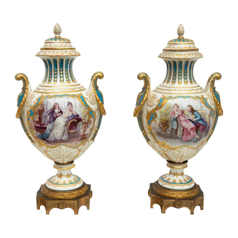 Pair Antique French Sevres Handpainted Gilded Ormolu Porcelain Urns signed 1890