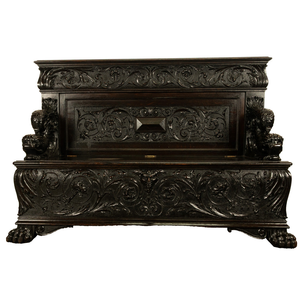 Antique Italian Renaissance Revival Carved Walnut Hall Bench Chest Dolphins 1870