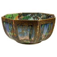 Large Wedgwood Fairyland Lustre Potrcelain Bowl Elves Boxing Match & Castle on a Road 1920