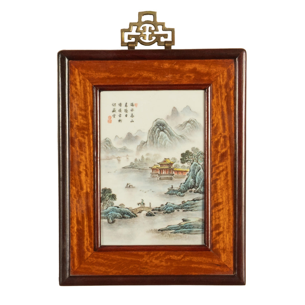 Pair Antique Chinese Republic Period Hand Painted Porcelain Hongmu Plaques 1920